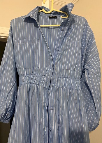 Mavi Pamuklu Uzun Düğmeli Elbise - Görsel 2