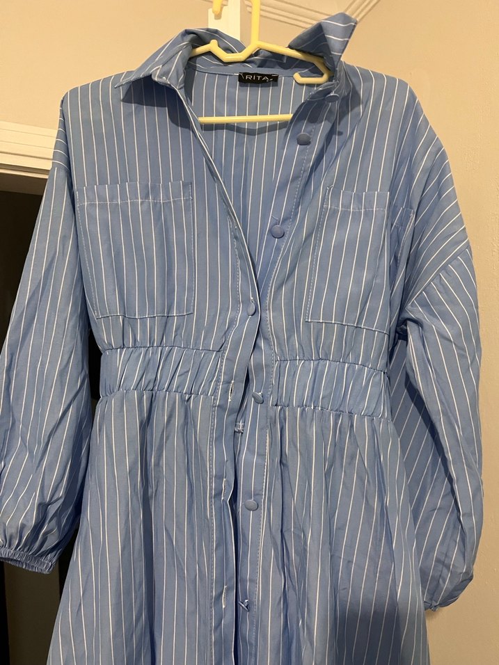 Mavi Pamuklu Uzun Düğmeli Elbise - Görsel 2