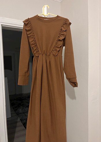 Kadın Kahverengi Uzun Keten Elbise - Görsel 3