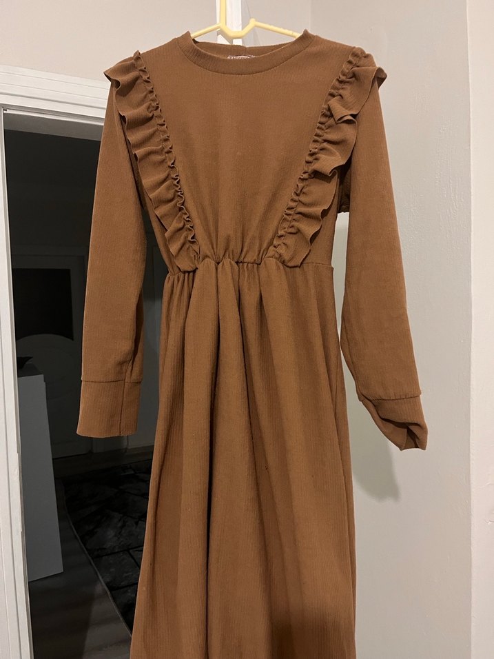 Kadın Kahverengi Uzun Keten Elbise - Görsel 4