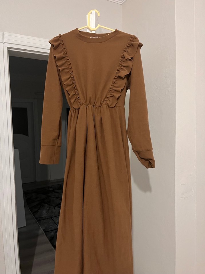 Kadın Kahverengi Uzun Keten Elbise - Görsel 3