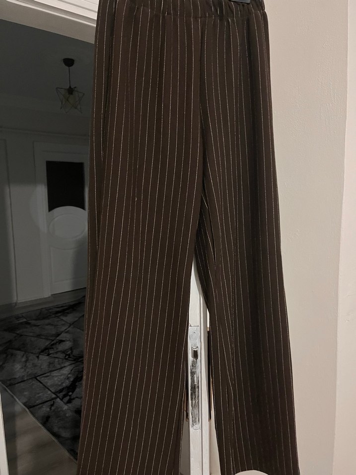 Düğmeli kahverengi Çizgili Kadın Gömlek - Görsel 4