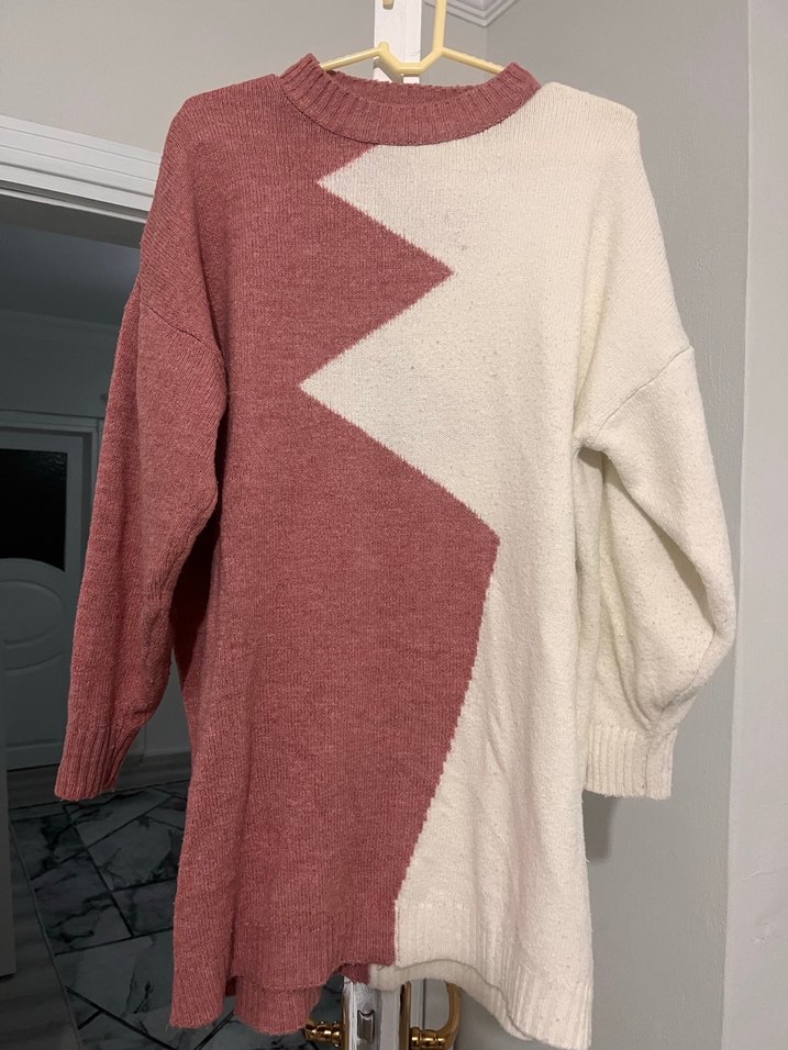 Pembe Beyaz Triko Midi Kadın Kazak - Görsel 2