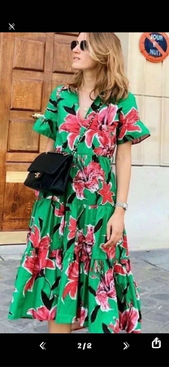 Çiçek Desenli Yeşil Uzun Bohem Elbise - Görsel 2