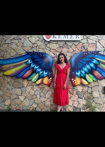 Kırmızı V Yakalı Bohem Uzun Elbise - Görsel 2