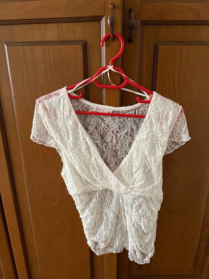 OXXO Dantelli V Yaka Kısa Kollu Bohem Bluz - Görsel 2