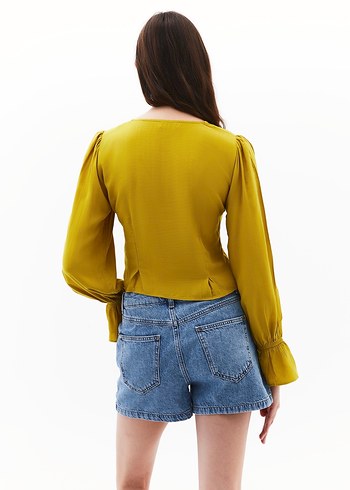 Hardal Rengi XXS Uzun Kollu Crop Bluz - Görsel 2