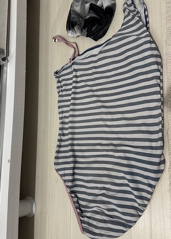 Çizgili Gri Askılı Kadın Mayo Ve Yüzücü Bonesi - Görsel 2
