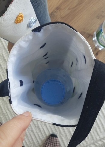 Gri Denim ve siyah beyaz su şişesi tasima cantasi. - Görsel 5