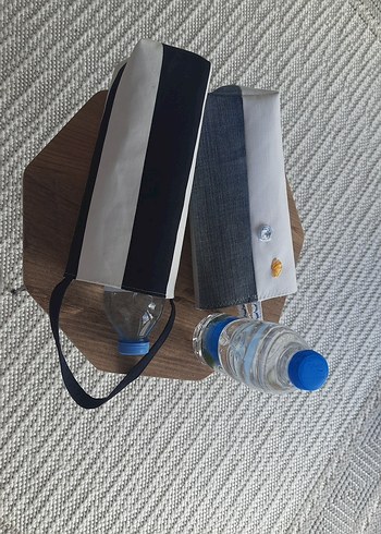 Gri Denim ve siyah beyaz su şişesi tasima cantasi. - Görsel 4