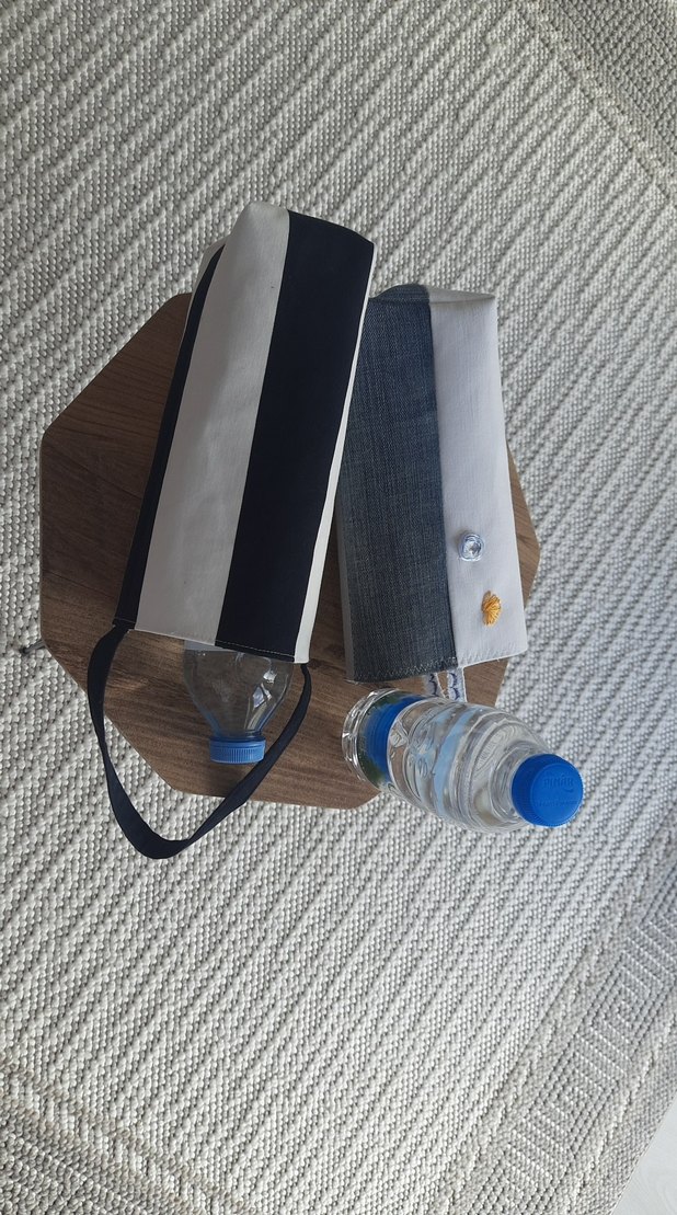 Gri Denim ve siyah beyaz su şişesi tasima cantasi. - Görsel 4