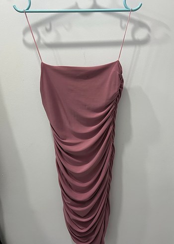 Pudra Pembe Drapeli Straplez Mini Elbise - Görsel 2