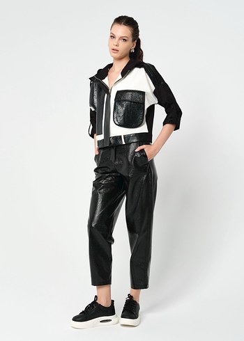Siyah Deri  Kadın Boyfriend Pantolon ve kapüşonlu ceket yumuşak - Görsel 2