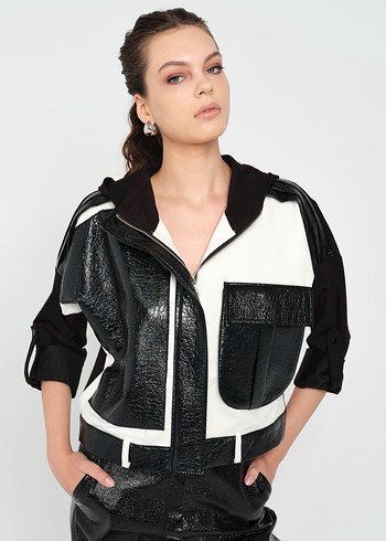 Siyah Deri  Kadın Boyfriend Pantolon ve kapüşonlu ceket yumuşak - Görsel 3