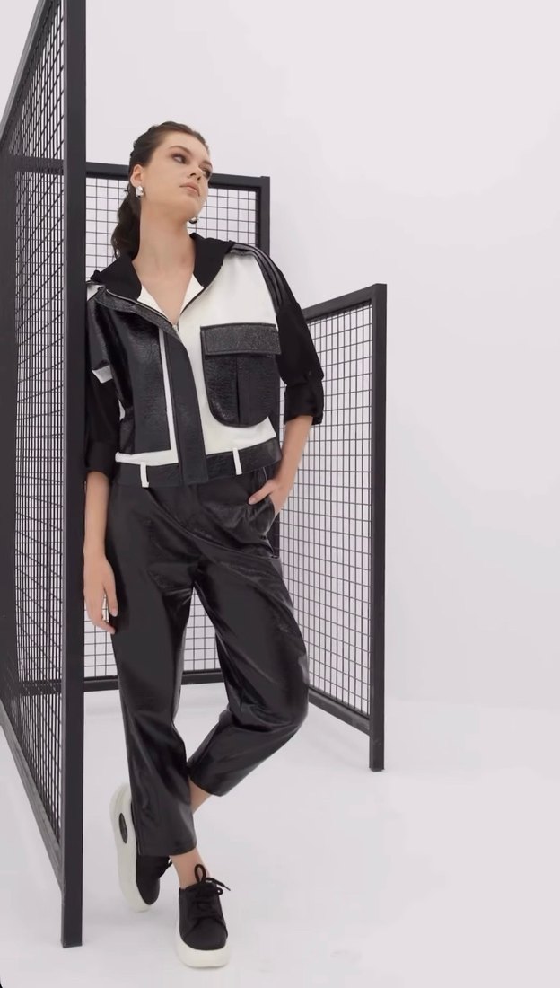 Siyah Deri  Kadın Boyfriend Pantolon ve kapüşonlu ceket yumuşak - Görsel 5