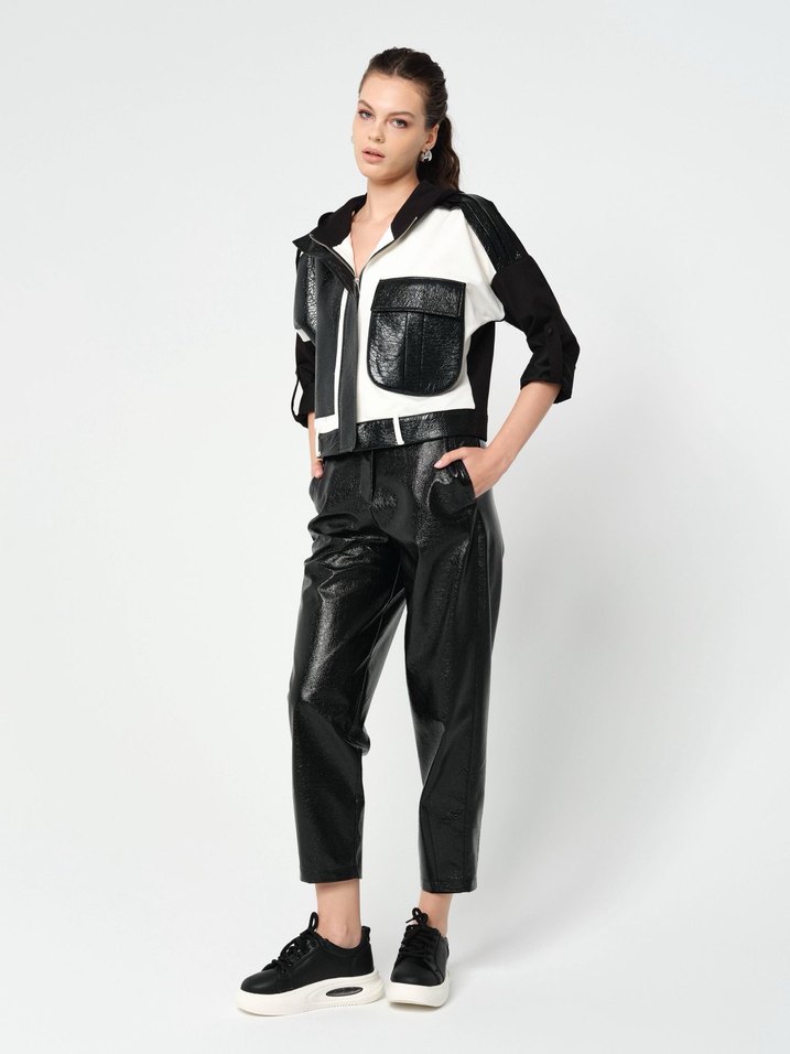 Siyah Deri  Kadın Boyfriend Pantolon ve kapüşonlu ceket yumuşak - Görsel 2