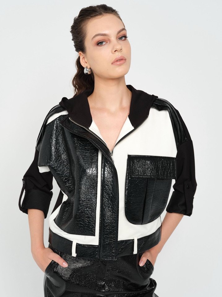 Siyah Deri  Kadın Boyfriend Pantolon ve kapüşonlu ceket yumuşak - Görsel 3