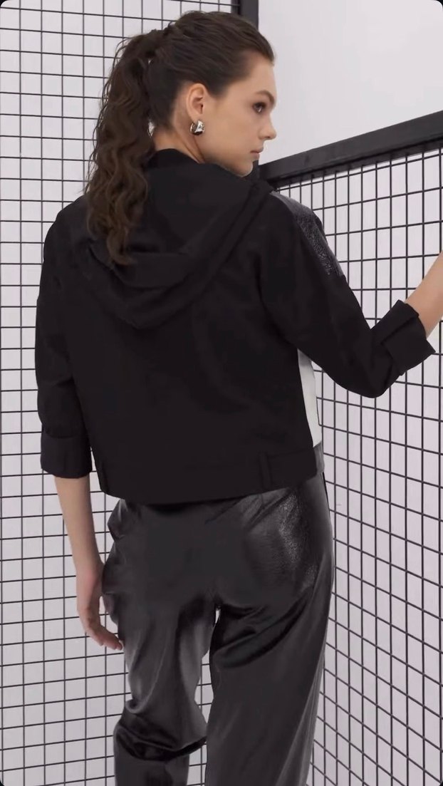 Siyah Deri  Kadın Boyfriend Pantolon ve kapüşonlu ceket yumuşak - Görsel 4