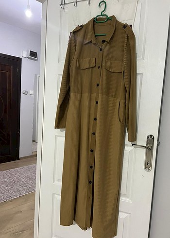 Düğmeli Bej Uzun Keten Elbise - Görsel 5