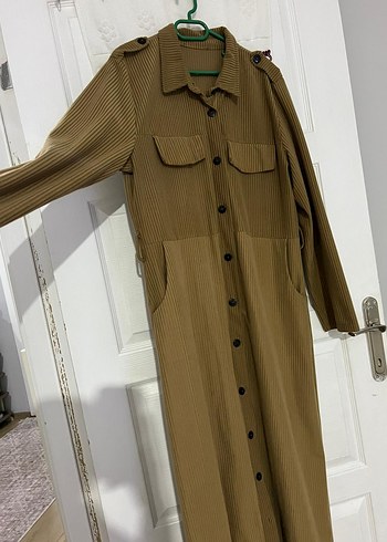 Düğmeli Bej Uzun Keten Elbise - Görsel 2