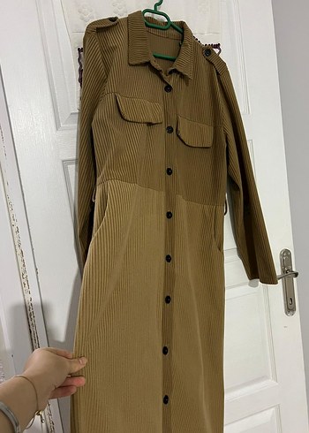 Düğmeli Bej Uzun Keten Elbise - Görsel 3