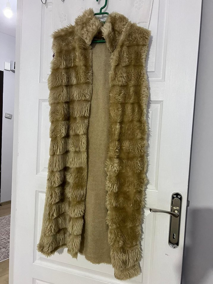 Kürklü Bej Uzun Kadın Yelek - Görsel 3