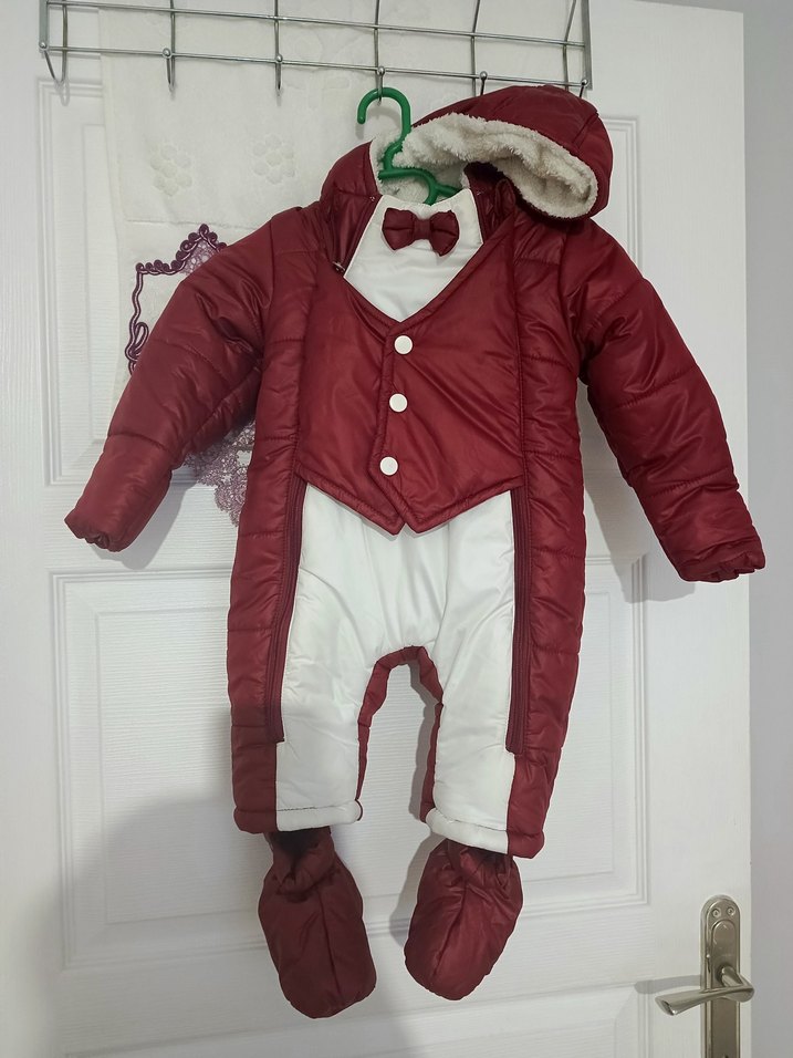 Bordo Kürklü Bebek Kış Tulumu - Görsel 3
