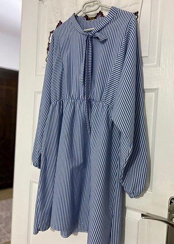 Mavi Gri Çizgili Uzun Kollu Pilili Kadın Gömlek - Görsel 2