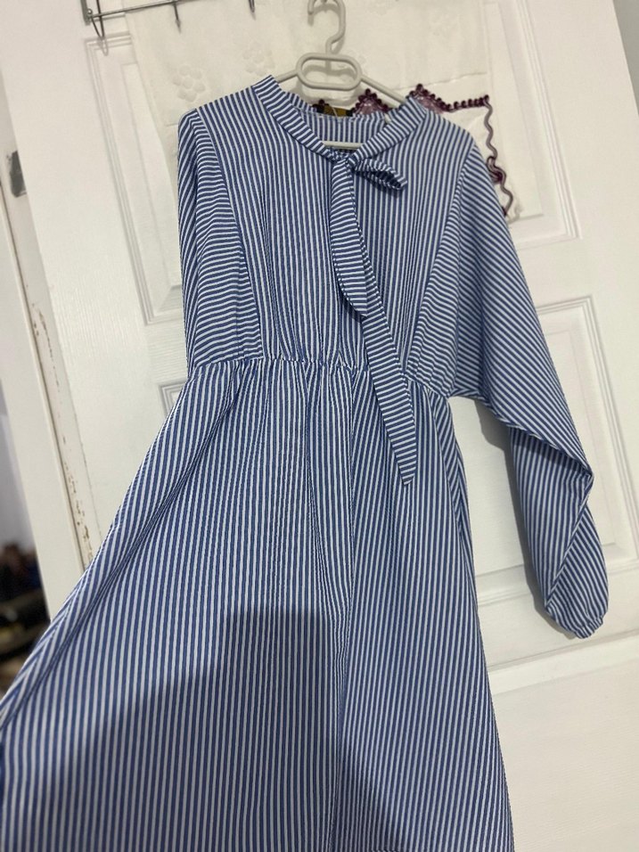 Mavi Gri Çizgili Uzun Kollu Pilili Kadın Gömlek - Görsel 3