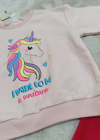 1,5 Yaş Beden pembe Renk Pembe Unicorn Baskılı Bebek Kız Takımı