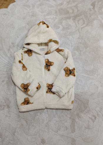Kız Çocuk Beyaz Kapüşonlu Peluş Ceket