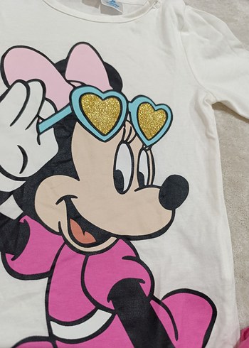 1,5 Yaş Beden Beyaz Minnie Mouse Desenli Uzun Kollu Bebek Takımı