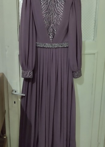 Uzun Kollu Mor Drapeli Abiye Elbise - Görsel 3