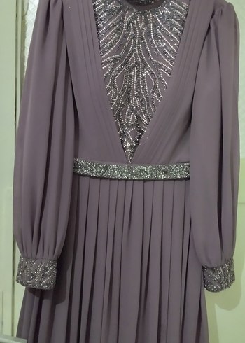 Uzun Kollu Mor Drapeli Abiye Elbise - Görsel 2