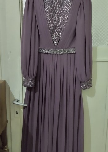 Uzun Kollu Mor Drapeli Abiye Elbise - Görsel 4