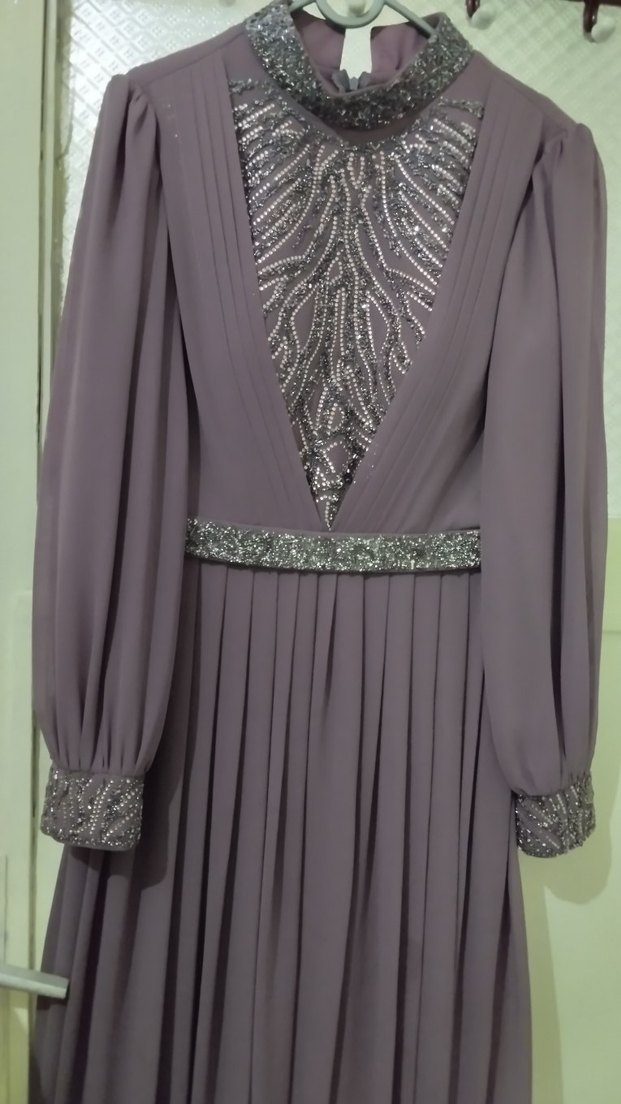 Uzun Kollu Mor Drapeli Abiye Elbise - Görsel 2