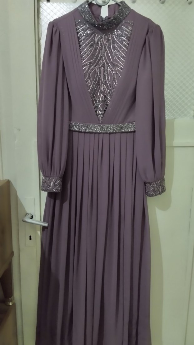 Uzun Kollu Mor Drapeli Abiye Elbise - Görsel 4