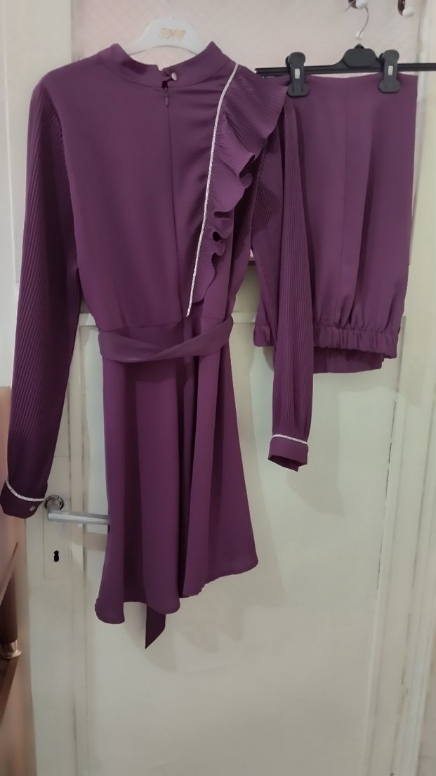 Mor Uzun Kollu Pilili Kadın Takım Elbise - Görsel 3