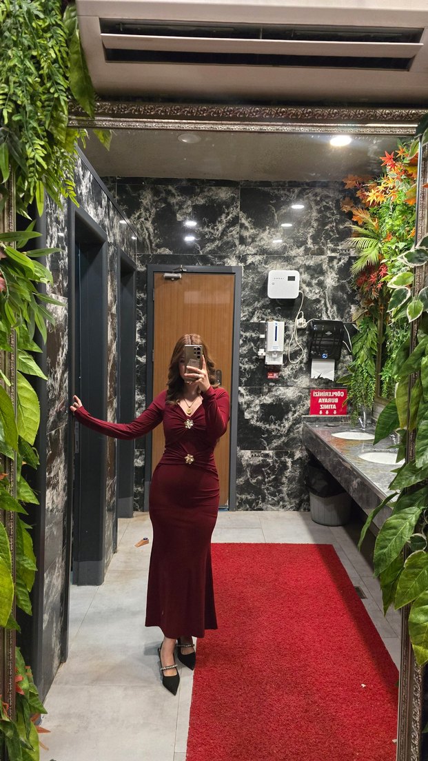 Bordo V Yaka Uzun Kollu Drapeli Elbise - Görsel 2