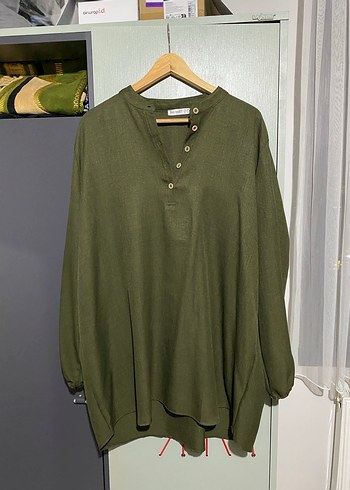 Düğmeli Keten Kadın Tunik - Haki - Görsel 3