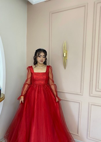 Uzun Kollu Kırmızı Drape Detaylı Abiye - Görsel 2