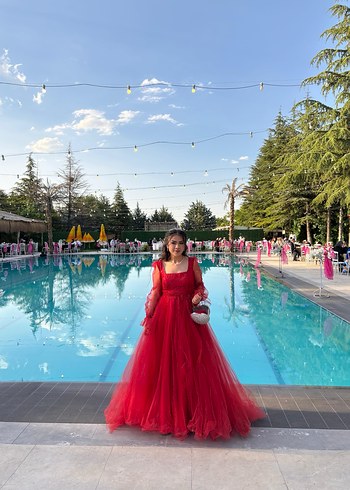 Uzun Kollu Kırmızı Drape Detaylı Abiye - Görsel 4