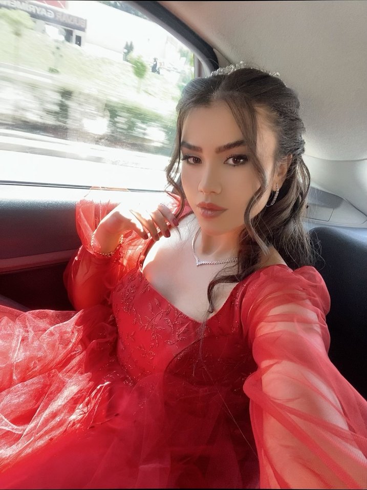 Uzun Kollu Kırmızı Drape Detaylı Abiye - Görsel 3