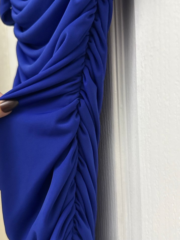 Mavi Drapeli Straplez Mini Elbise - Görsel 3