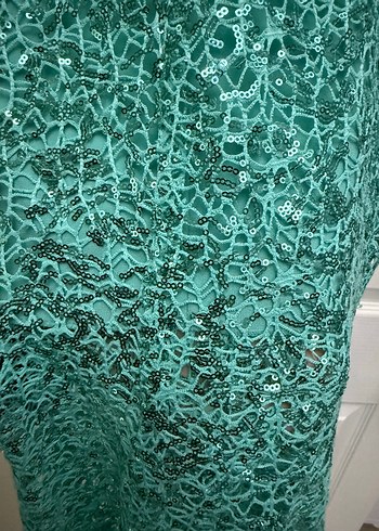 Turkuaz Dantelli Uzun Abiye Elbise - Görsel 9