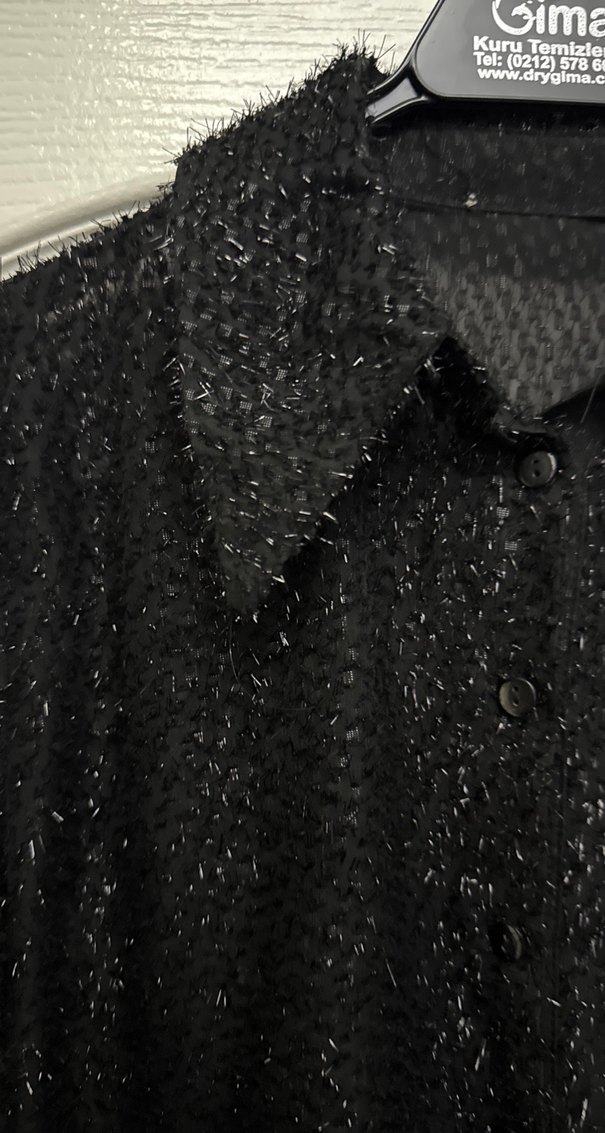 Siyah Simli Transparan Düğmeli Uzun Kollu Gömlek - Görsel 2