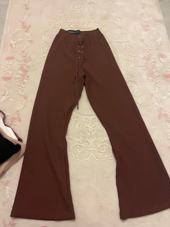 Düğmeli Kahverengi Triko Kadın Pantolon - Görsel 2