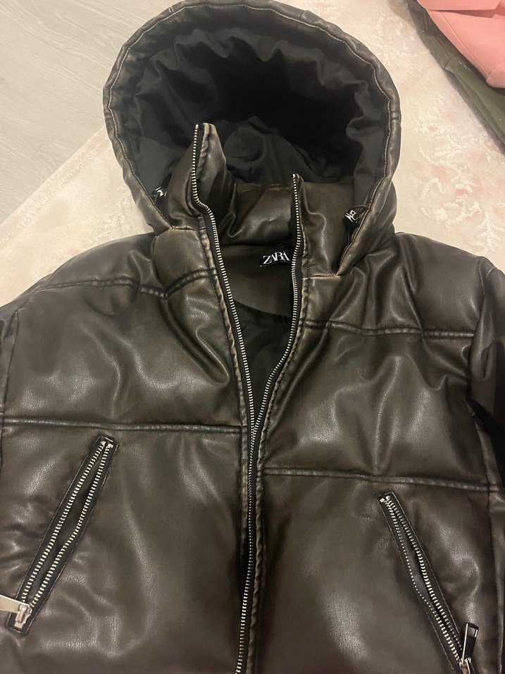 Kadın Siyah Deri Kürklü Kapüşonlu Ceket - Görsel 3