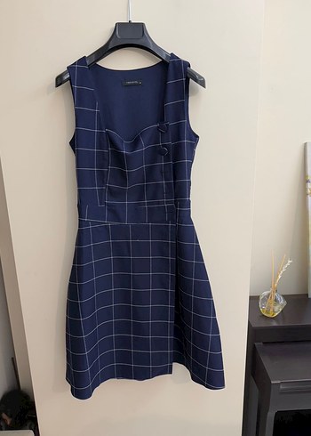 Lacivert Kareli Midi Elbise - Görsel 3