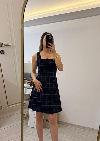 Lacivert Kareli Midi Elbise - Görsel 2